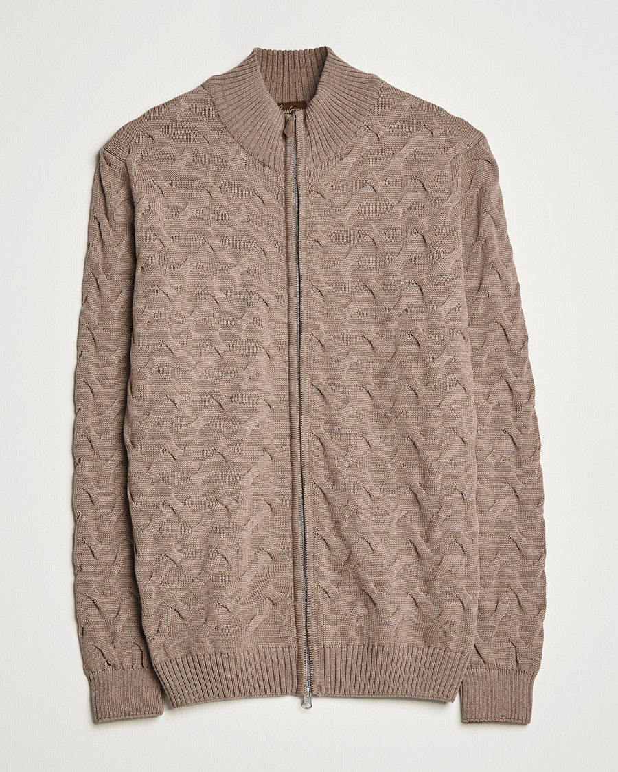 Heren | Truien | Stenströms | Heavy Cable Merino Full Zip Cardigan Camel