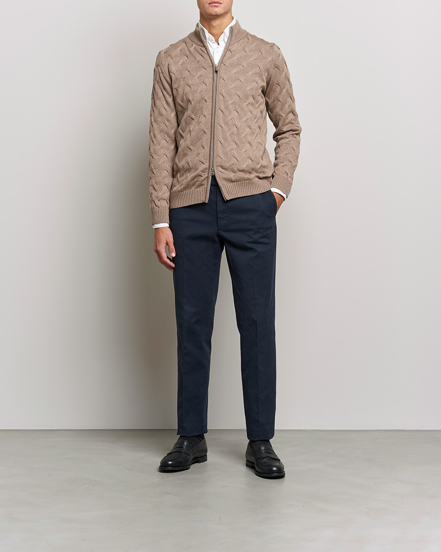 Heren | Truien | Stenströms | Heavy Cable Merino Full Zip Cardigan Camel