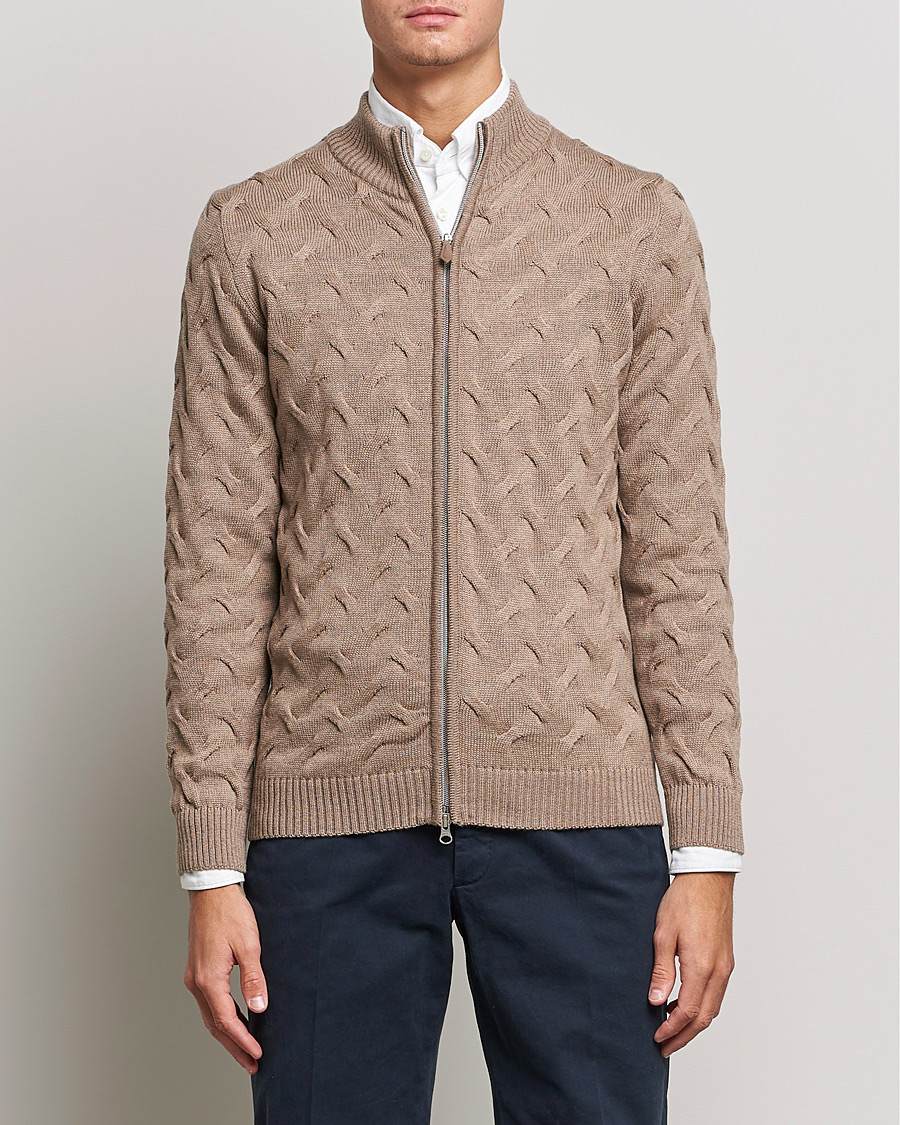 Heren | Truien | Stenströms | Heavy Cable Merino Full Zip Cardigan Camel