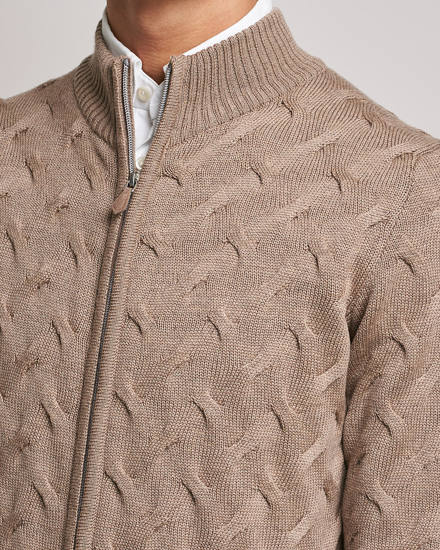 Heren | Truien | Stenströms | Heavy Cable Merino Full Zip Cardigan Camel