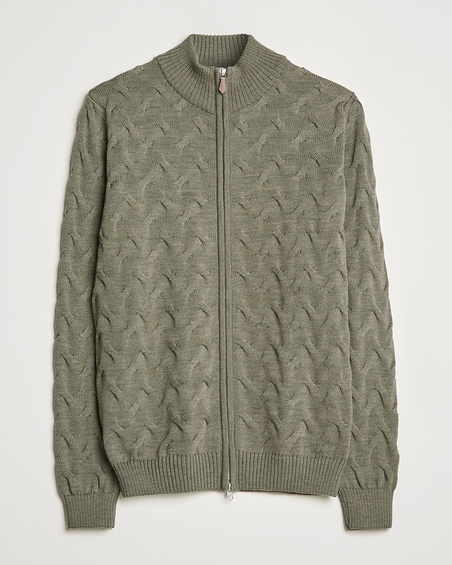 Heren | Truien | Stenströms | Heavy Cable Merino Full Zip Cardigan Olive