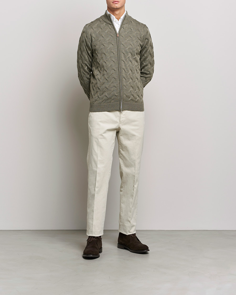 Heren | Truien | Stenströms | Heavy Cable Merino Full Zip Cardigan Olive