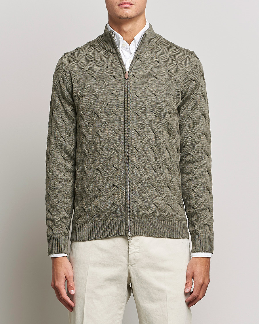 Heren | Truien | Stenströms | Heavy Cable Merino Full Zip Cardigan Olive