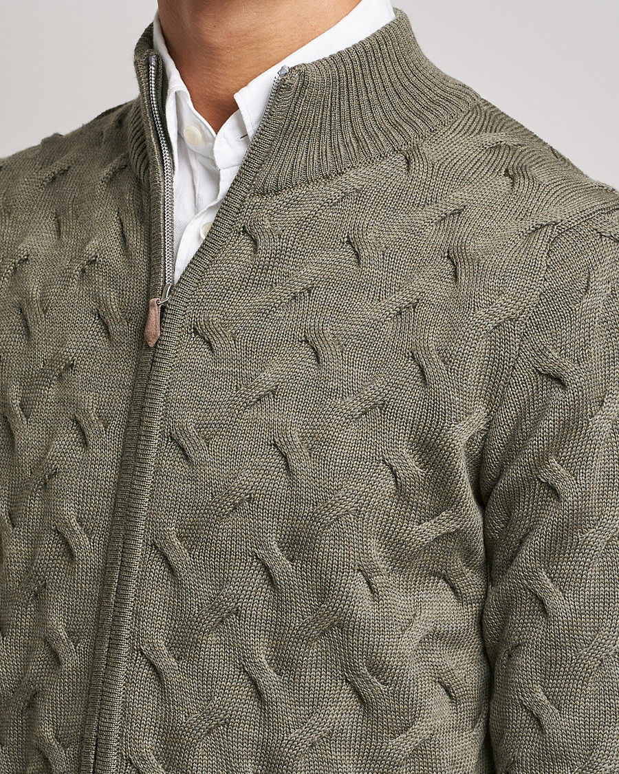 Heren | Truien | Stenströms | Heavy Cable Merino Full Zip Cardigan Olive
