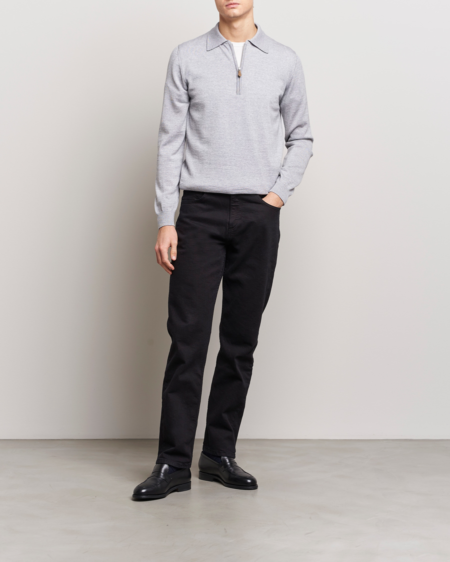 Heren | Truien | Stenströms | Merino Wool Zip Polo Light Grey