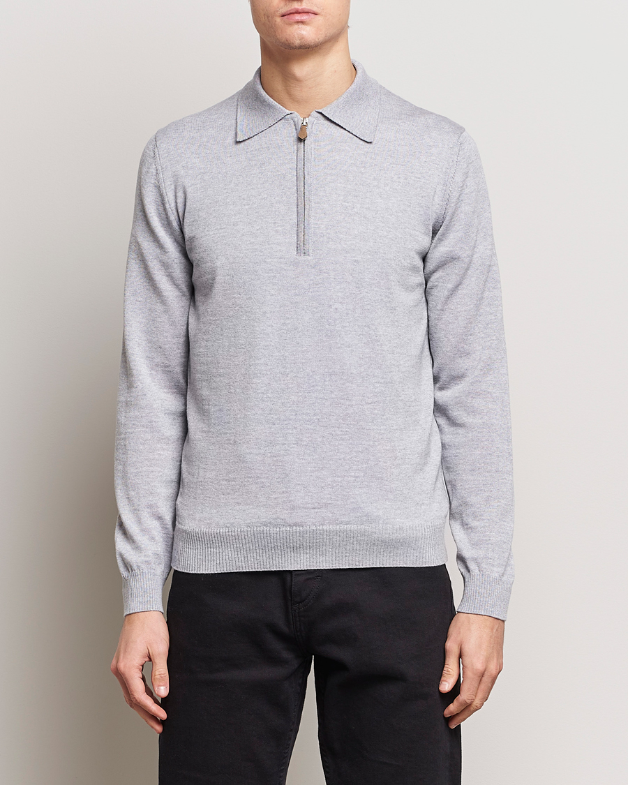 Heren | Truien | Stenströms | Merino Wool Zip Polo Light Grey