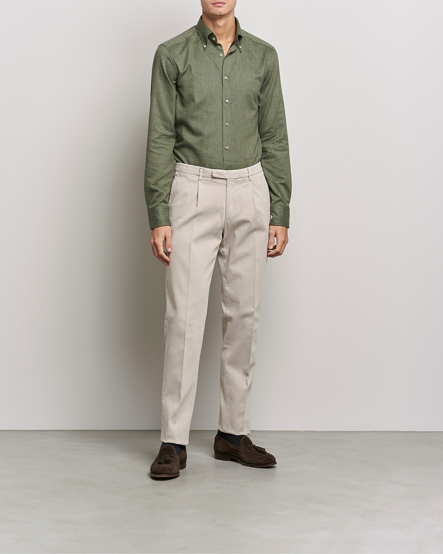 Heren | Overhemden | Stenströms | Slimline Flannel Shirt Dark Green