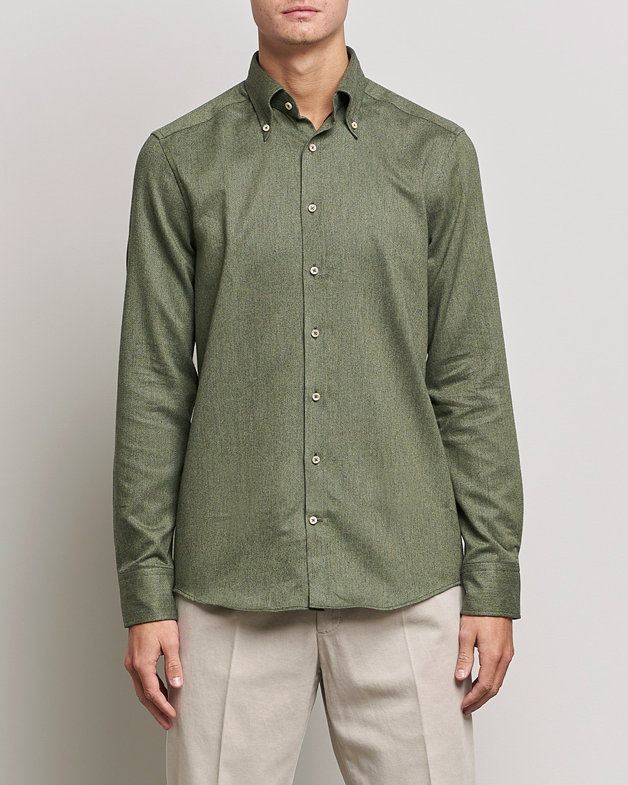 Heren | Overhemden | Stenströms | Slimline Flannel Shirt Dark Green