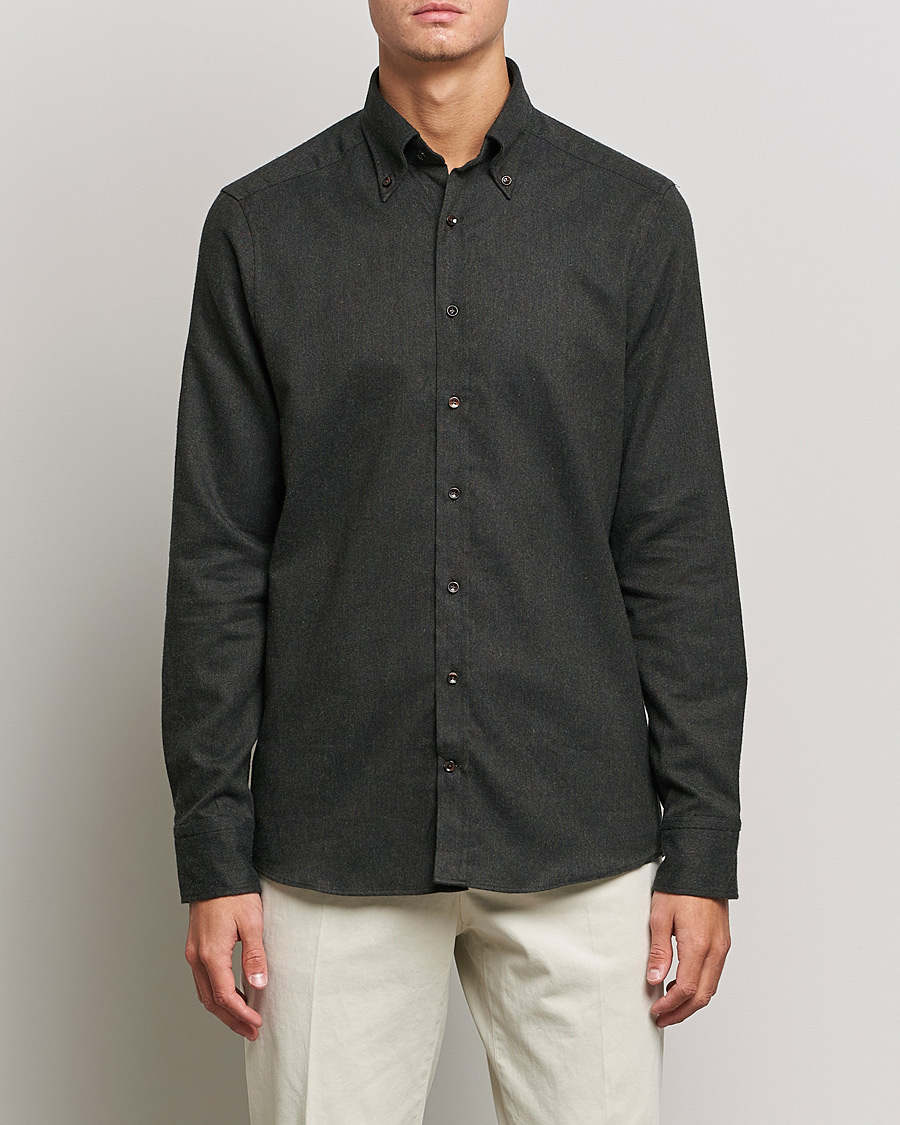 Heren | Overhemden | Stenströms | Slimline Flannel Shirt Dark Green