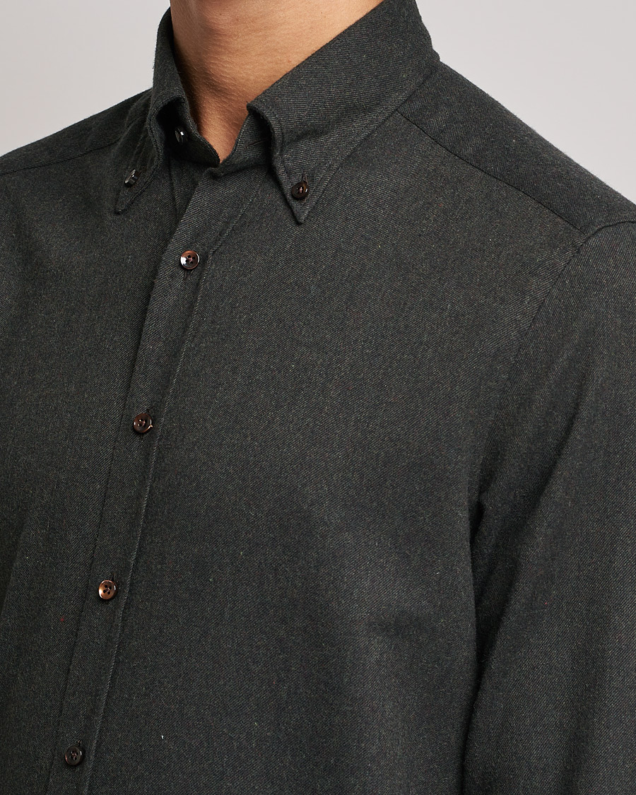 Heren | Overhemden | Stenströms | Slimline Flannel Shirt Dark Green