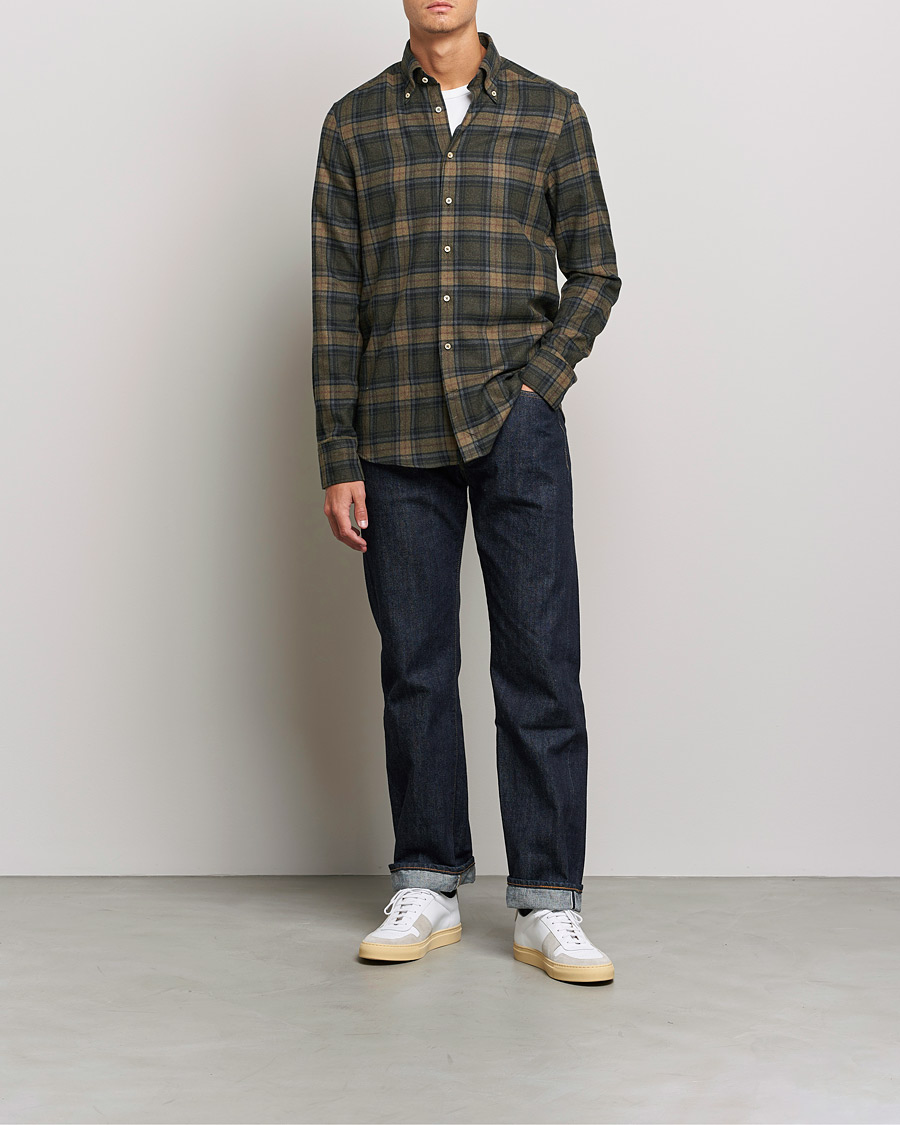 Heren | Overhemden | Stenströms | Slimline Checked Flannel Shirt Dark Green