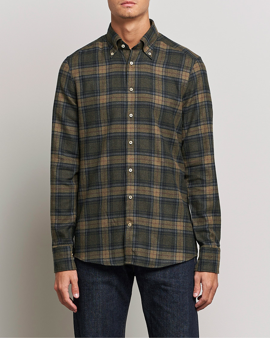 Heren | Overhemden | Stenströms | Slimline Checked Flannel Shirt Dark Green