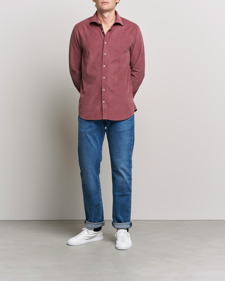 Heren | Overhemden | Stenströms | Slimline Washed Cut Away Corduroy Shirt Wine Red