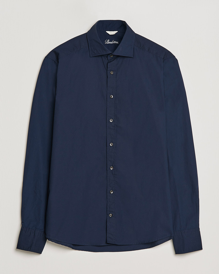 Heren | Overhemden | Stenströms | Slimline Washed Cut Away Poplin Shirt Navy