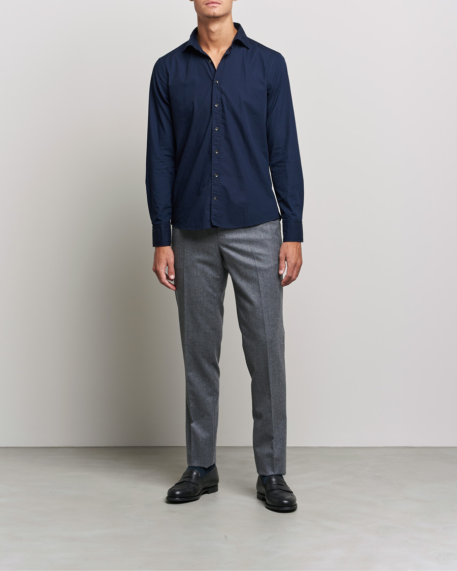 Heren | Overhemden | Stenströms | Slimline Washed Cut Away Poplin Shirt Navy