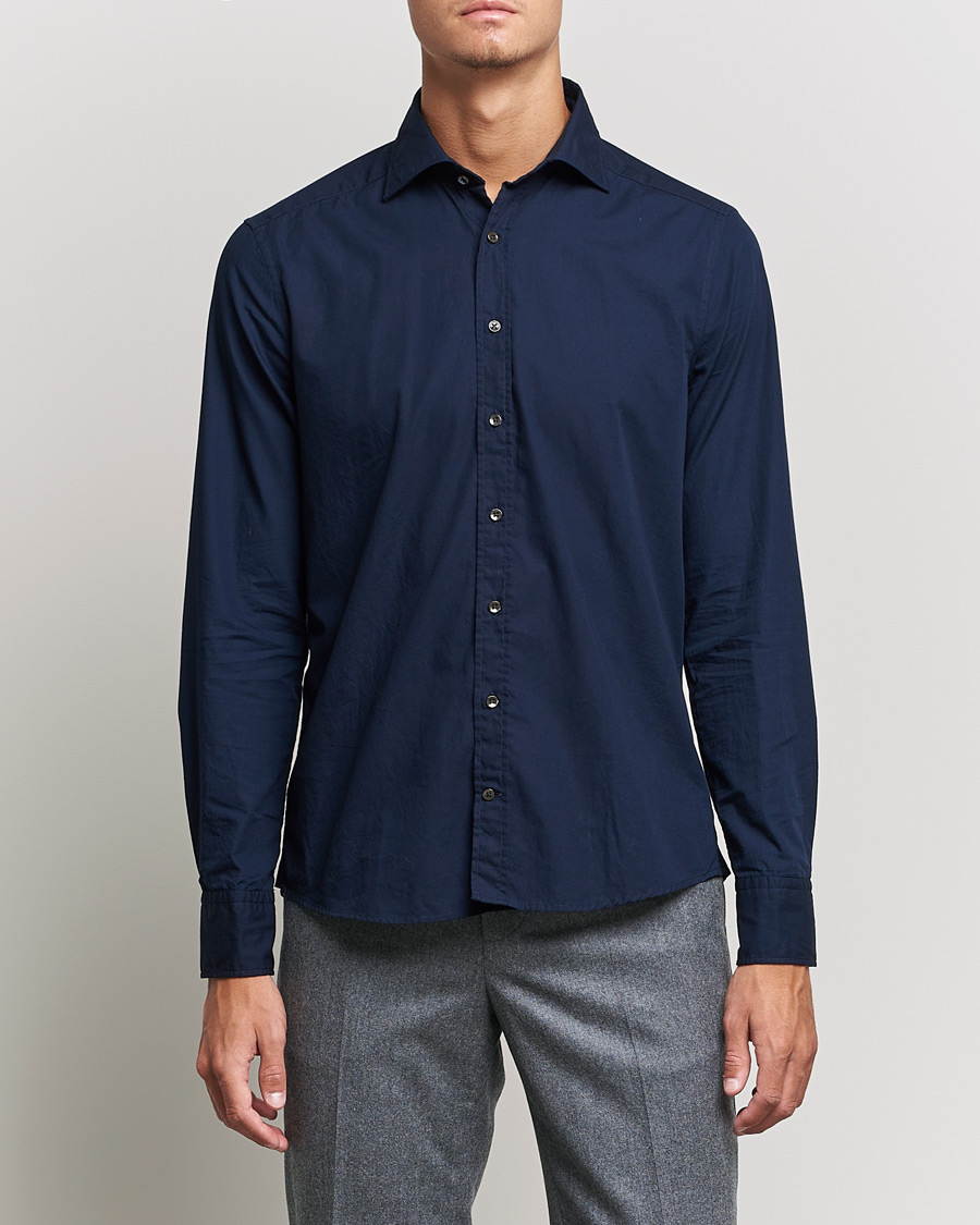 Heren | Overhemden | Stenströms | Slimline Washed Cut Away Poplin Shirt Navy