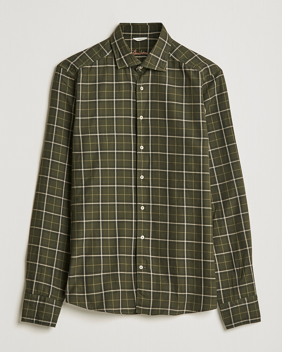 Heren | Overhemden | Stenströms | Slimline Cut Away Washed Checked Shirt Dark Green