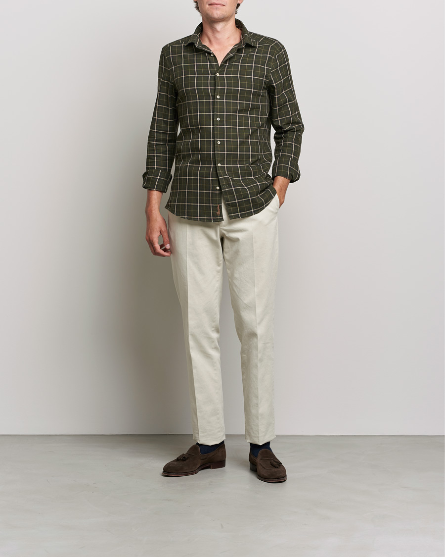 Heren | Overhemden | Stenströms | Slimline Cut Away Washed Checked Shirt Dark Green