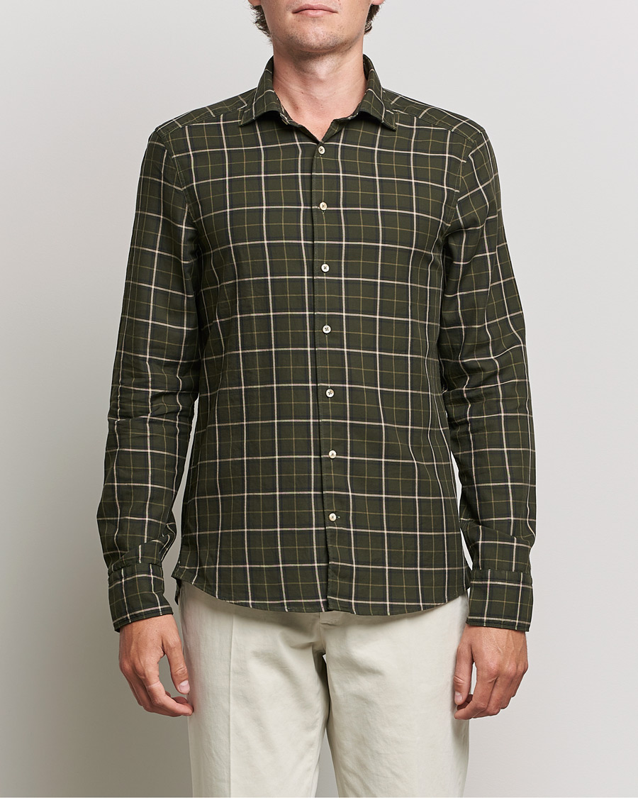 Heren | Overhemden | Stenströms | Slimline Cut Away Washed Checked Shirt Dark Green