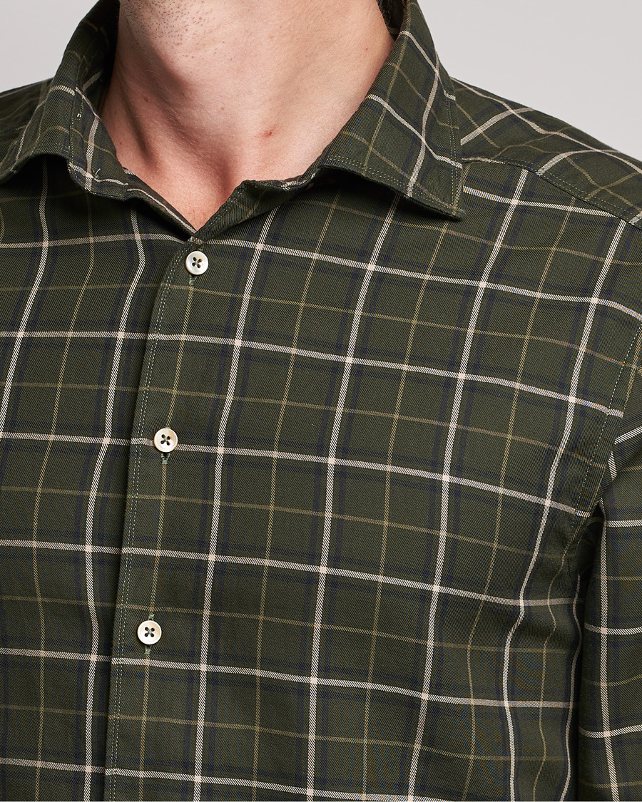 Heren | Overhemden | Stenströms | Slimline Cut Away Washed Checked Shirt Dark Green