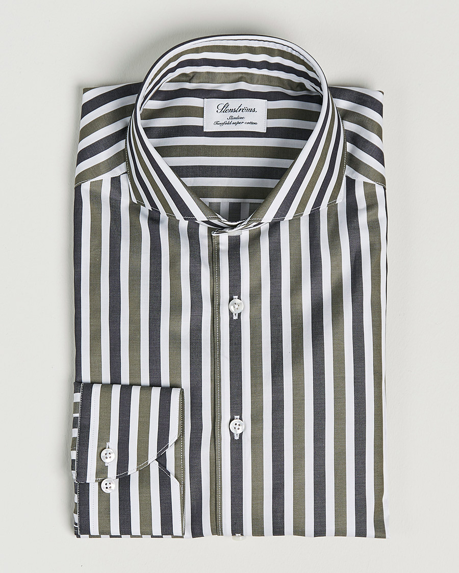 Heren | Overhemden | Stenströms | Slimline Cut Away Wide Striped Shirt Blue/Green