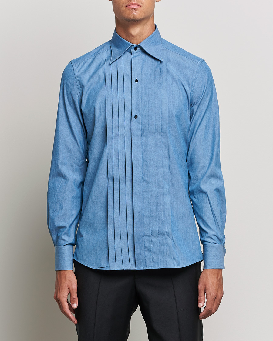Heren | Overhemden | Stenströms | 1899 Slimline Denim Tuxedo Shirt Blue