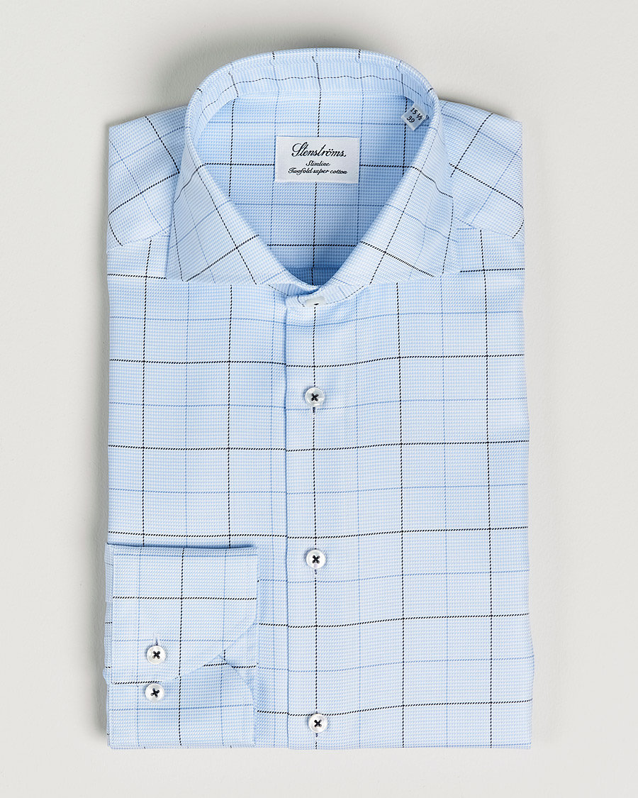 Heren |  | Stenströms | Slimline Cut Away Windowpane Shirt Blue