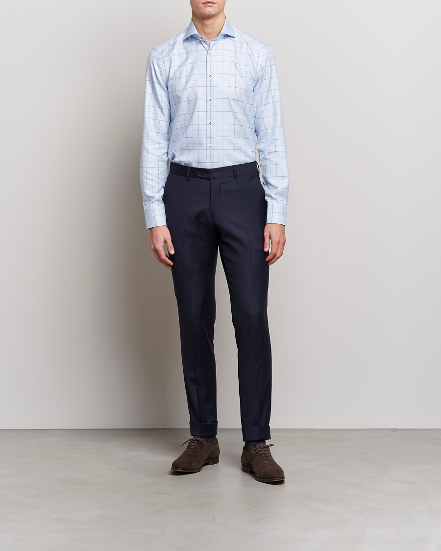 Men |  | Stenströms | Slimline Cut Away Windowpane Shirt Blue