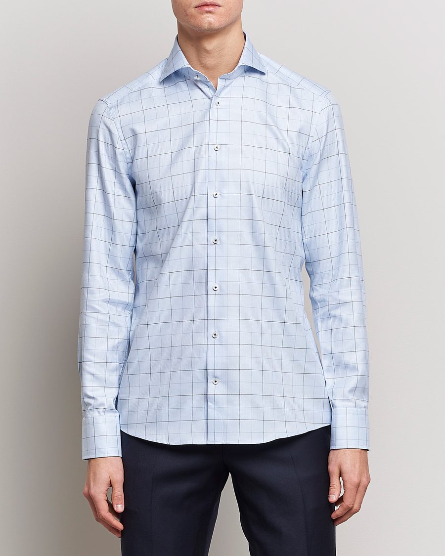 Heren | Overhemden | Stenströms | Slimline Cut Away Windowpane Shirt Blue