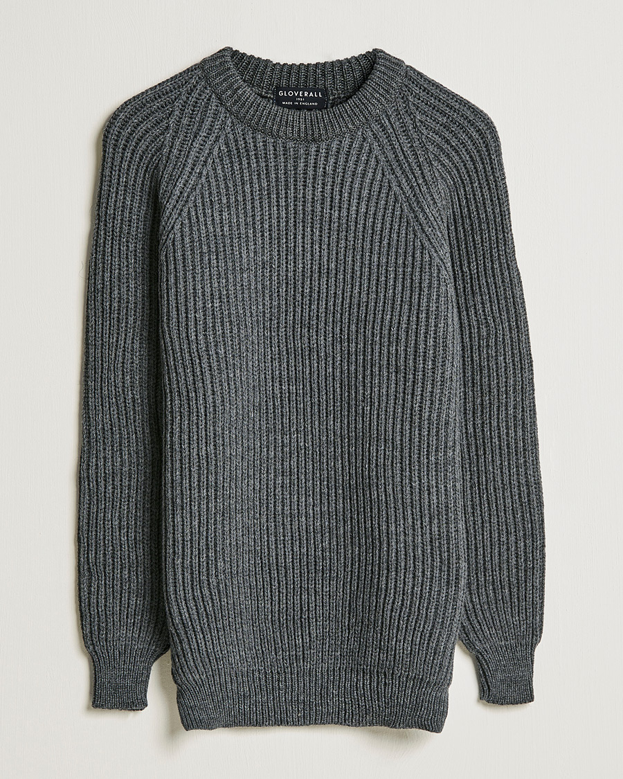 Heren | Truien | Gloverall | Fisherman Rib Chunky Wool Crew Neck Grey