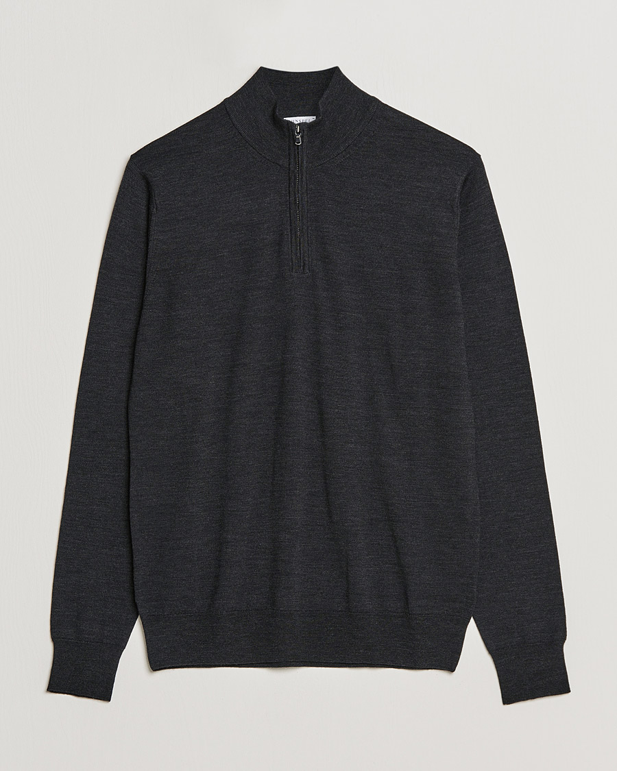Heren | Truien | Sunspel | Merino Half Zip Sweater Charcoal Melange
