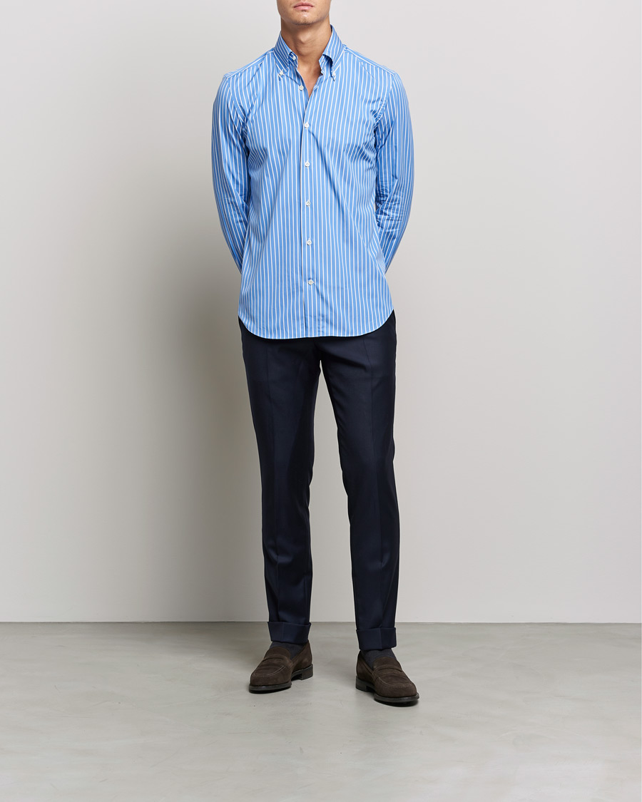 Heren | Overhemden | Mazzarelli | Soft Button Down Stripe Shirt Blue/White