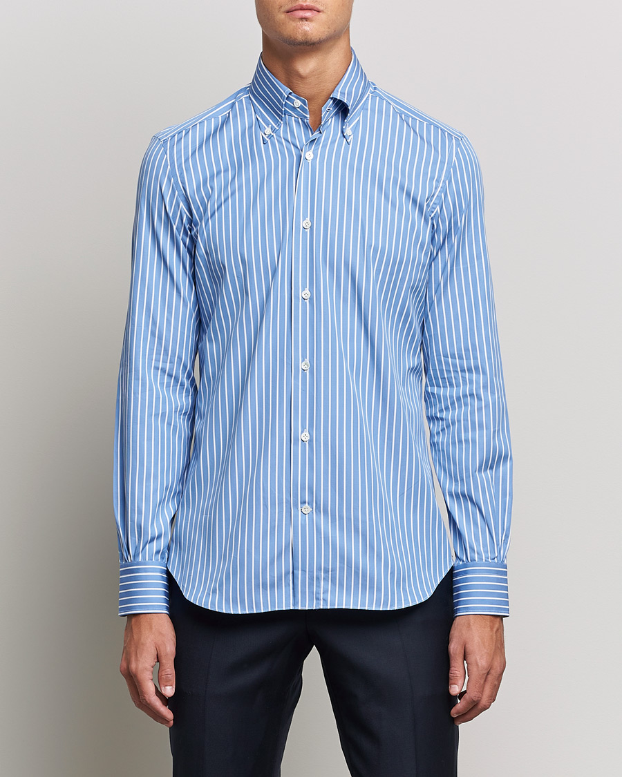 Heren | Overhemden | Mazzarelli | Soft Button Down Stripe Shirt Blue/White