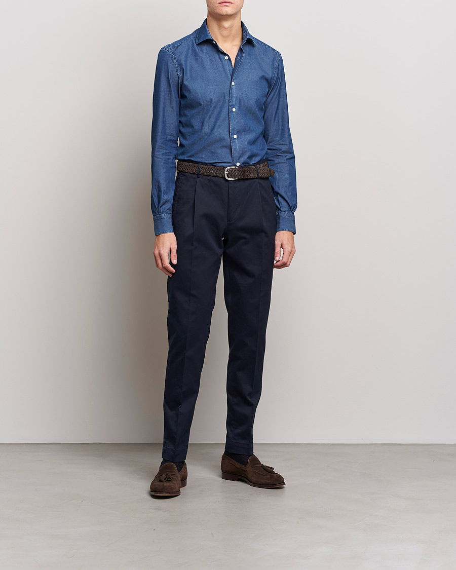 Heren | Overhemden | Mazzarelli | Soft Denim Shirt Dark Indigo