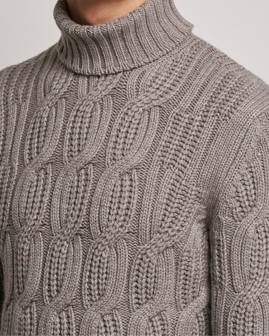 Heren | Truien | Gran Sasso | Cable Knitted Wool/Cashmere Roll Neck Brown