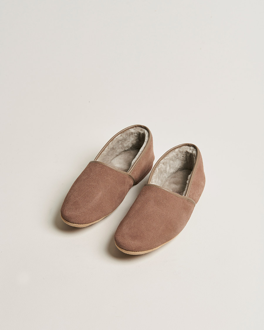 Heren | Derek Rose Crawford Sheepskin Suede Slippers Beige | Derek Rose | Crawford Sheepskin Suede Slippers Beige