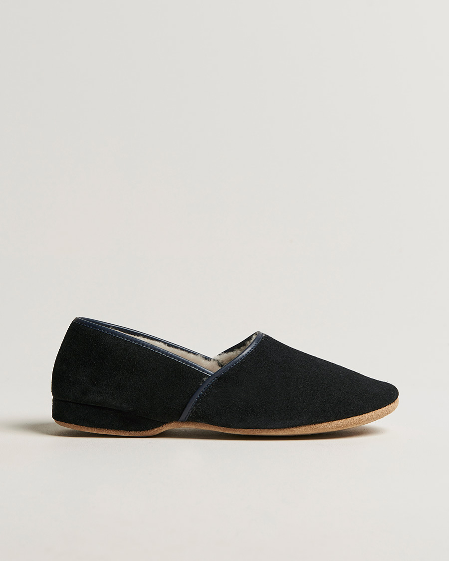 Heren | Derek Rose Crawford Sheepskin Suede Slippers Navy | Derek Rose | Crawford Sheepskin Suede Slippers Navy