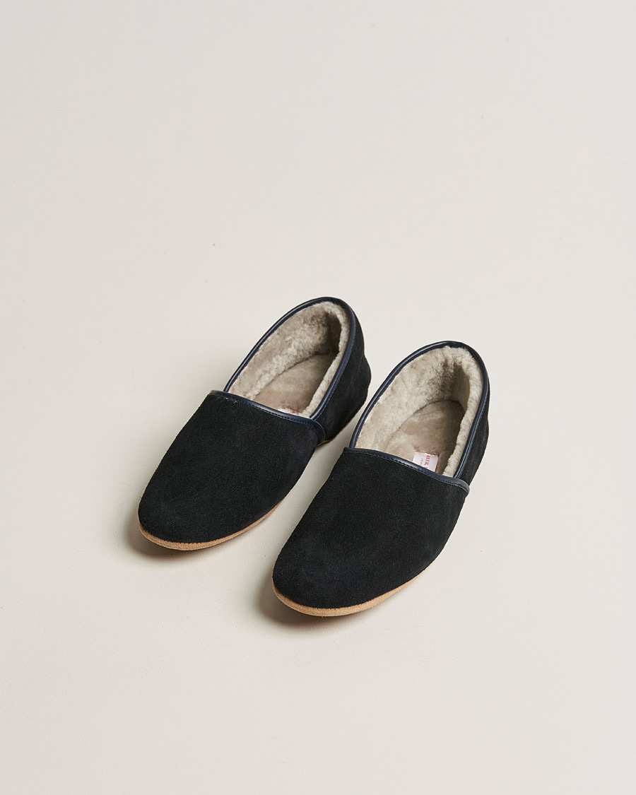 Heren | Derek Rose Crawford Sheepskin Suede Slippers Navy | Derek Rose | Crawford Sheepskin Suede Slippers Navy