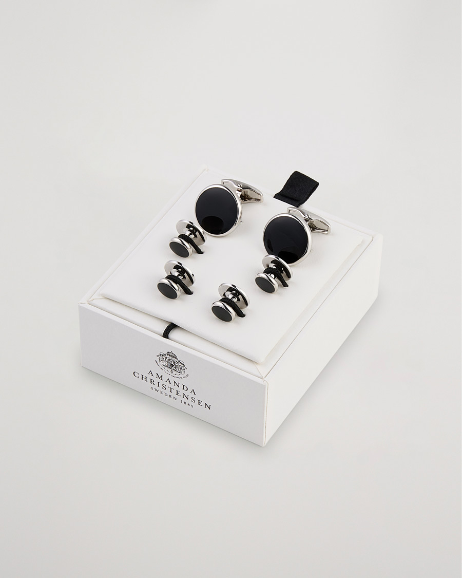 Heren | Zwarte stropdas | Amanda Christensen | Cufflink & Shirt Studs Set Black/Silver