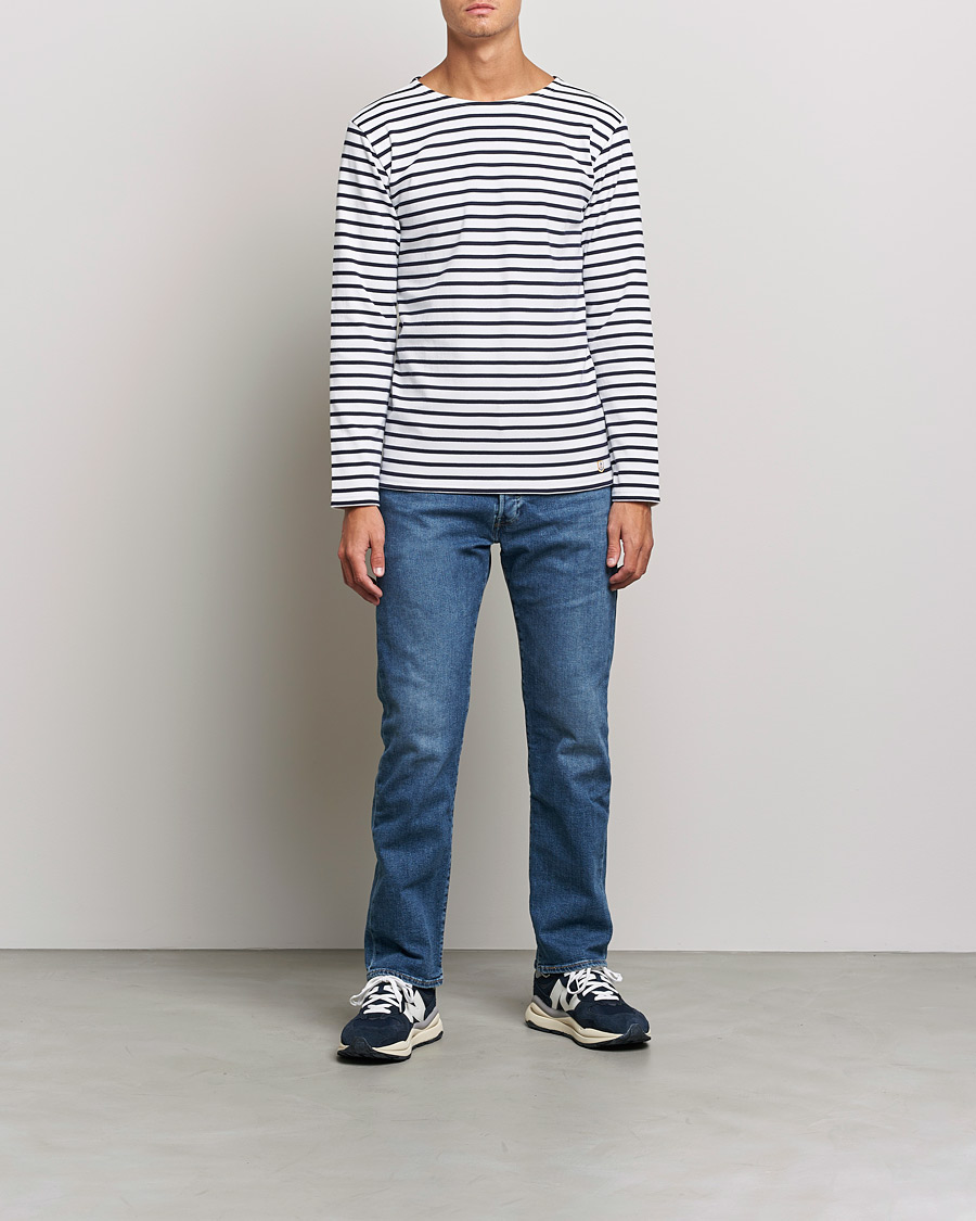 Heren | T-shirts | Armor-lux | Houat Héritage Stripe Long Sleeve T-Shirt White/Navy