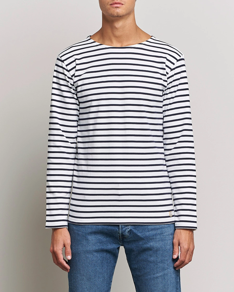 Heren | T-shirts | Armor-lux | Houat Héritage Stripe Long Sleeve T-Shirt White/Navy