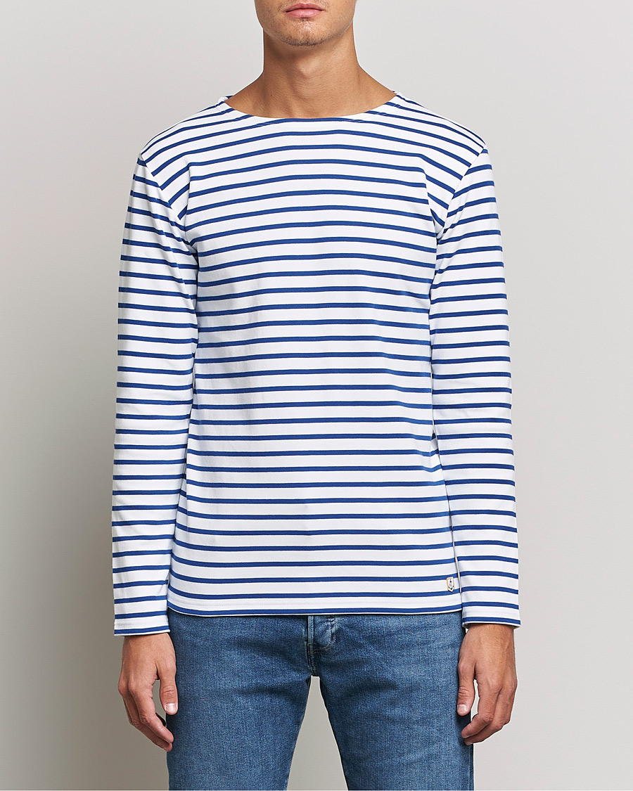 Heren | T-shirts | Armor-lux | Houat Héritage Stripe Long Sleeve T-Shirt White/Blue