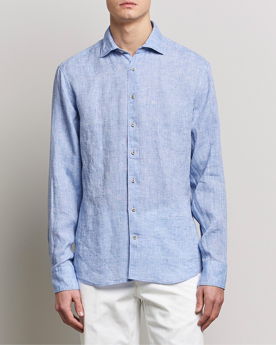 Heren | Casual | Stenströms | Fitted Body Cut Away Linen Shirt Blue