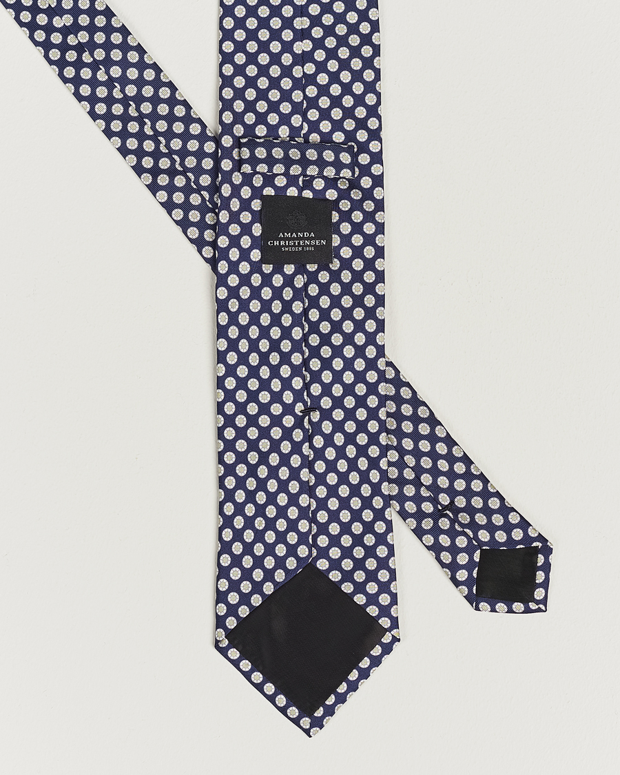 Heren | Amanda Christensen Silk Twill Printed 8cm Tie Navy/Green | Amanda Christensen | Silk Twill Printed 8cm Tie Navy/Green