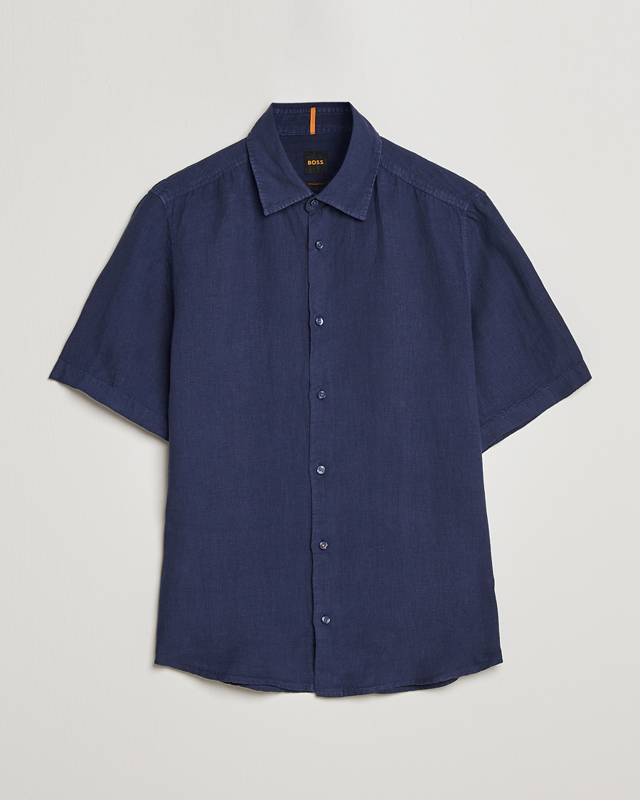 Heren | Overhemden | BOSS ORANGE | Rash Linen Short Sleeve Shirt Navy