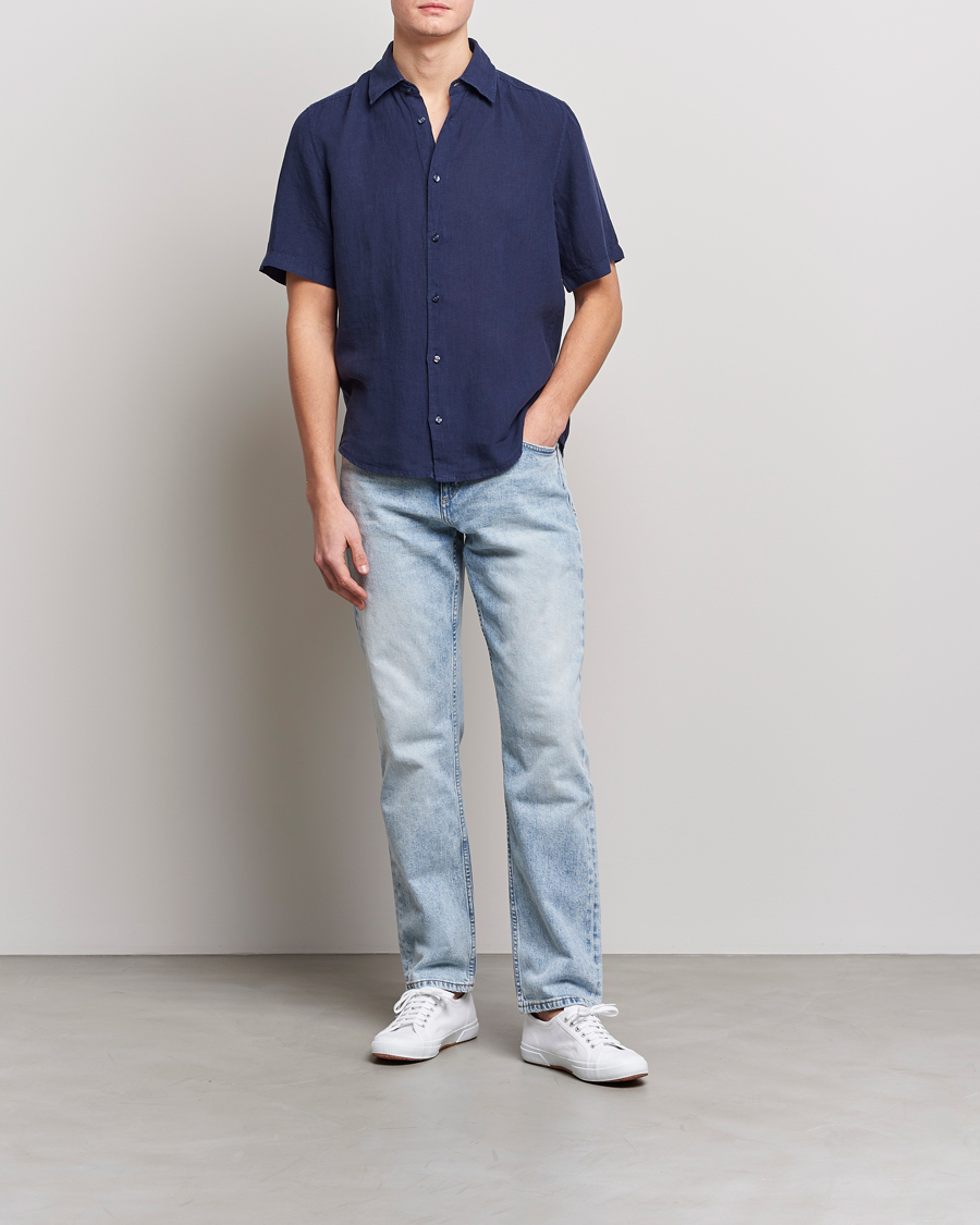Heren | Overhemden | BOSS ORANGE | Rash Linen Short Sleeve Shirt Navy