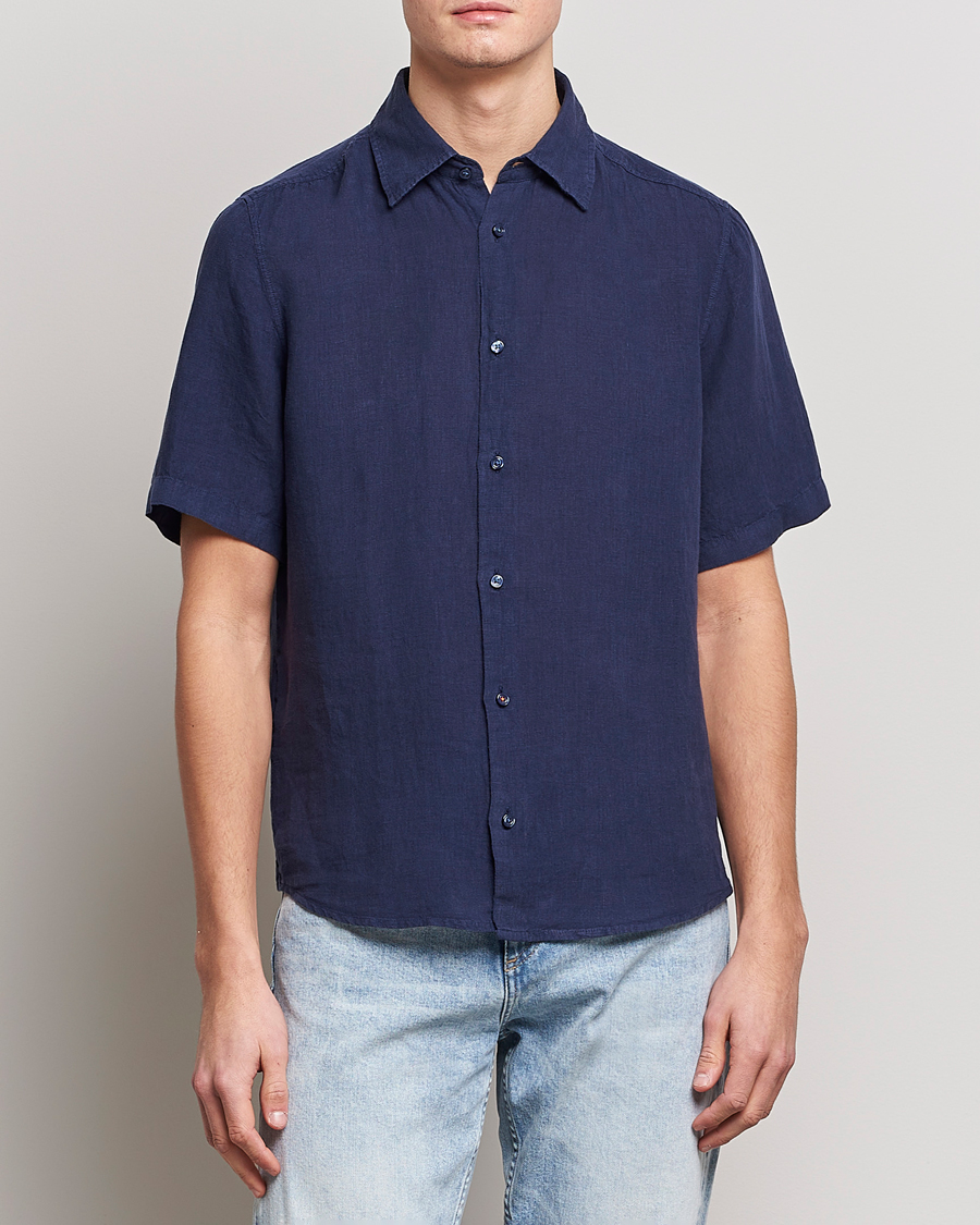 Heren | Overhemden | BOSS ORANGE | Rash Linen Short Sleeve Shirt Navy