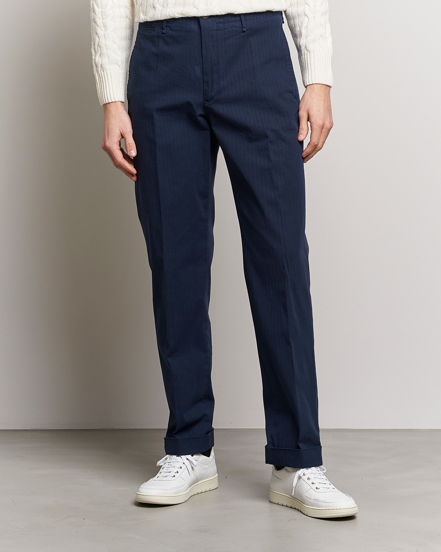 Heren | Broeken | Incotex | Regular Fit Herringbone Chinos Navy