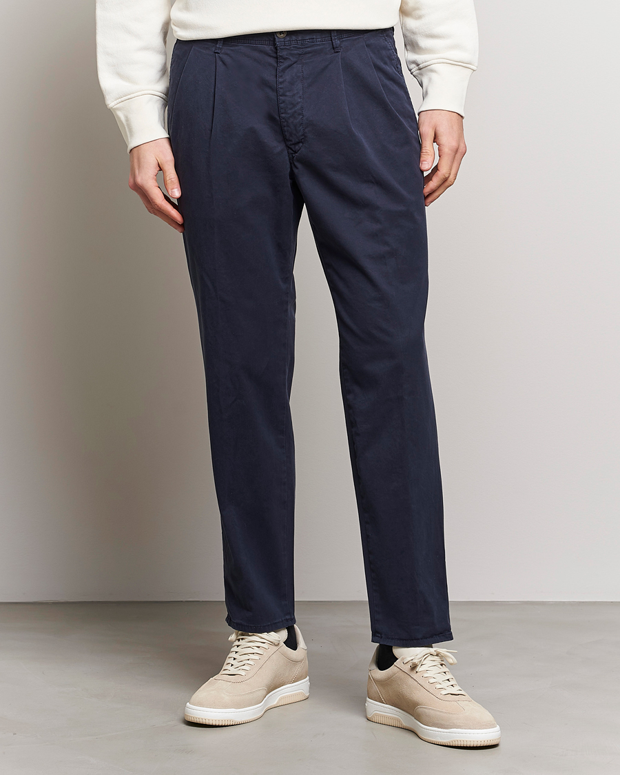 Heren | Broeken | Incotex | Tapered Fit Pleated Slacks Navy