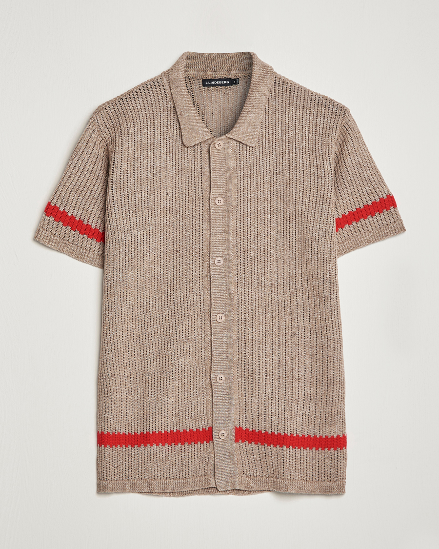 Heren | Overhemden | J.Lindeberg | Sky Knitted Linen/Merino Short Sleeve Shirt Beige